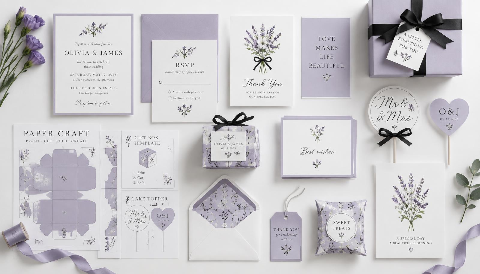 Kolekcja personalizowanej papeterii w kolorach lilii i bieli